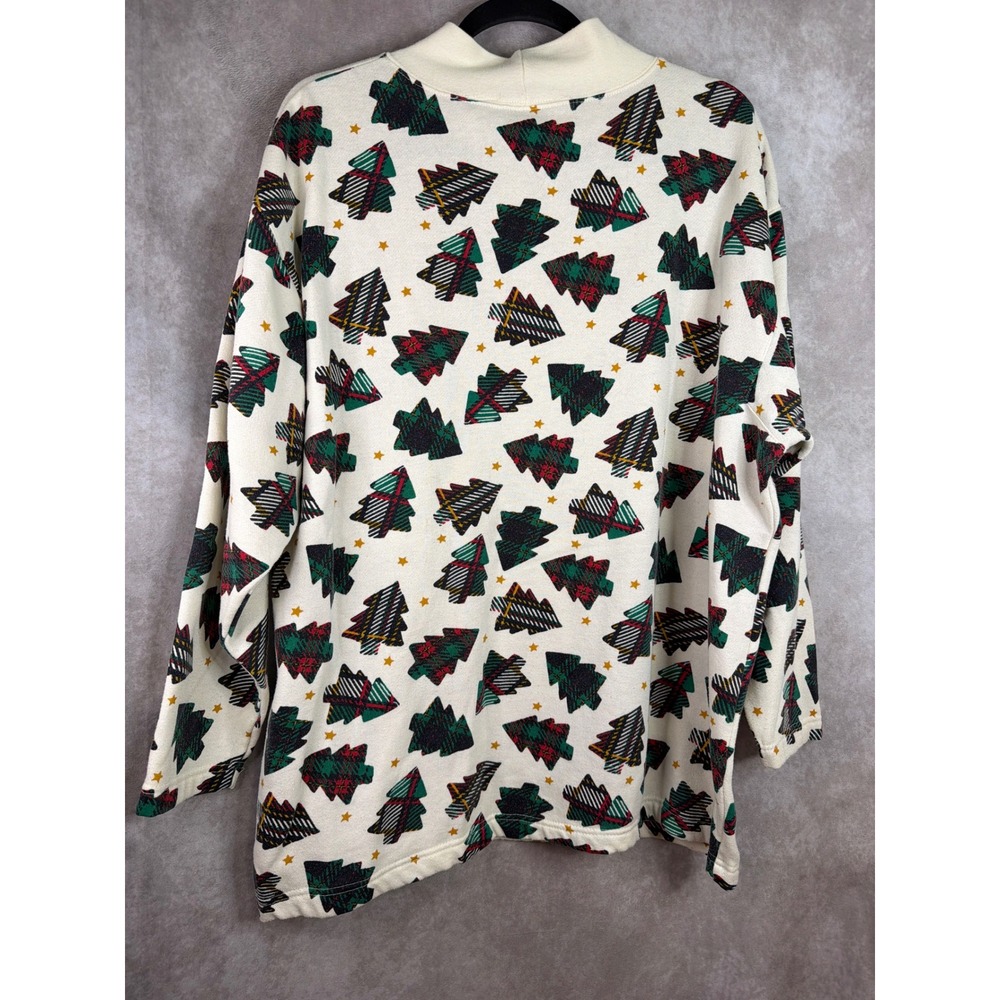 VTG 90s Bold Spirit Christmas Tree Sweatshirt Womens XL Cream Plaid Mock Neck - Picture 5 of 6